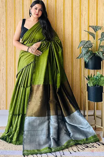 Green colourblocked  cotton saree
