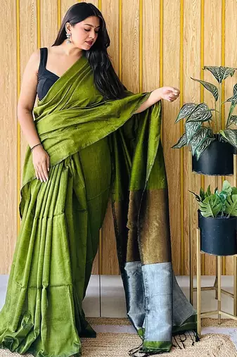 Green colourblocked  cotton saree