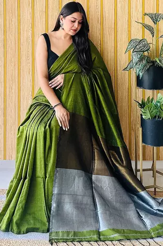 Green colourblocked  cotton saree