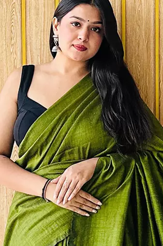 Green colourblocked  cotton saree