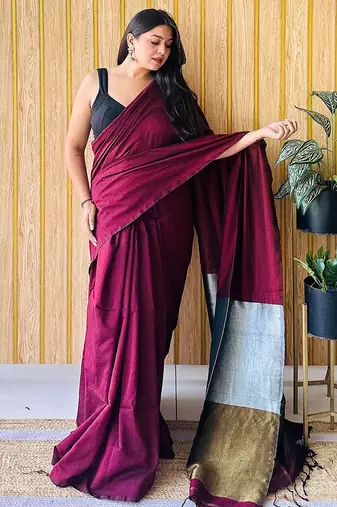 Burgundy  cotton saree with blouse piece