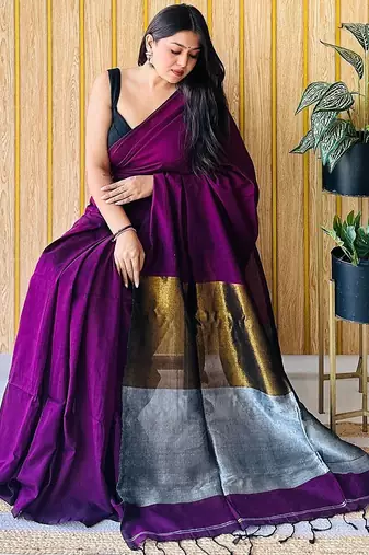 Purple colourblocked  cotton saree