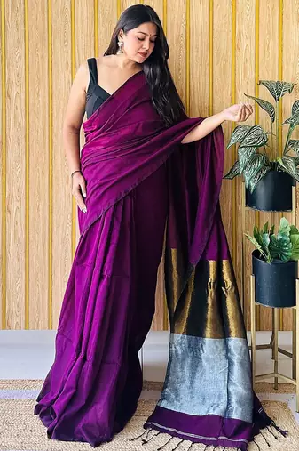Purple colourblocked  cotton saree