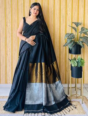 Black colourblocked  cotton saree 1