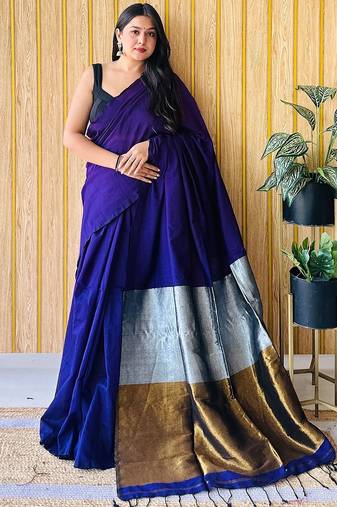 Blue women  cotton khadi saree with blouse