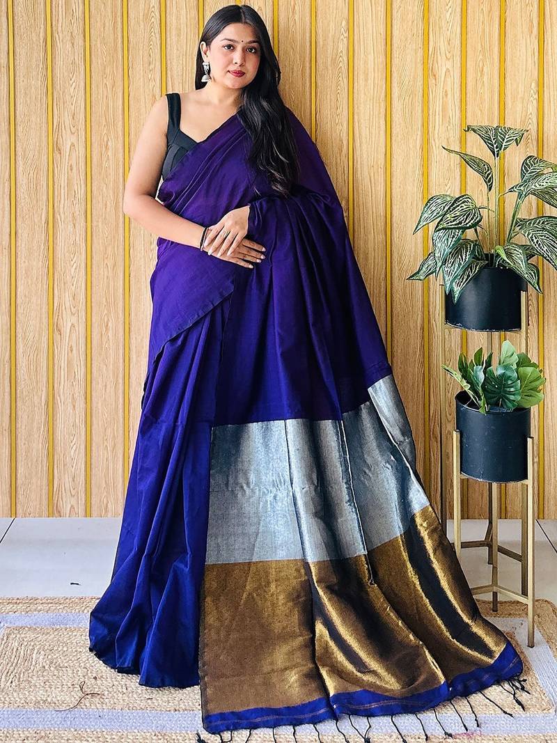 Blue women  cotton khadi saree with blouse