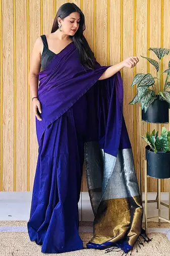 Blue women  cotton khadi saree with blouse