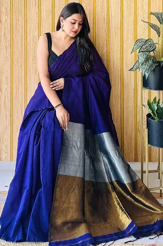 Blue women  cotton khadi saree with blouse