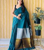 Teal colourblocked  cotton saree