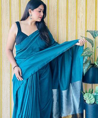 Teal colourblocked  cotton saree 4