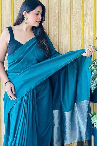 Teal colourblocked  cotton saree