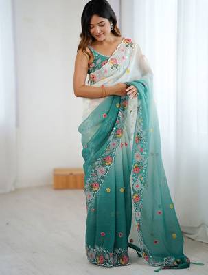 Teal ethnic motifs embroidered sequinned  chiffon saree with matching blouse 1