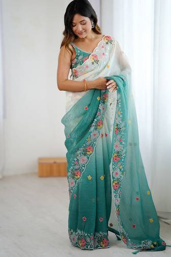 Teal ethnic motifs embroidered sequinned  chiffon saree with matching blouse