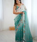 Teal ethnic motifs embroidered sequinned  chiffon saree with matching blouse
