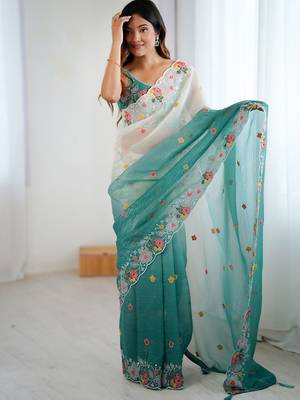 Teal ethnic motifs embroidered sequinned  chiffon saree with matching blouse 2