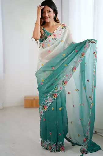 Teal ethnic motifs embroidered sequinned  chiffon saree with matching blouse