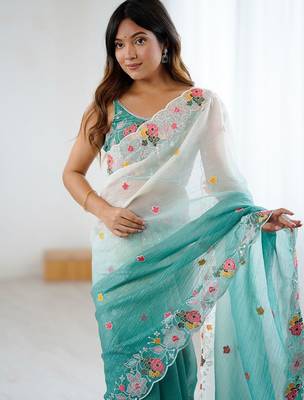 Teal ethnic motifs embroidered sequinned  chiffon saree with matching blouse 4