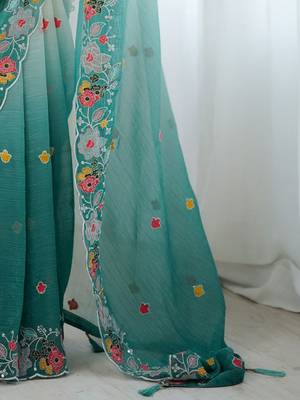 Teal ethnic motifs embroidered sequinned  chiffon saree with matching blouse 5