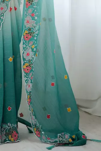 Teal ethnic motifs embroidered sequinned  chiffon saree with matching blouse