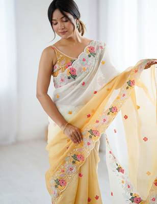 Mustard floral embroidered sequinned detail  chiffon saree 1