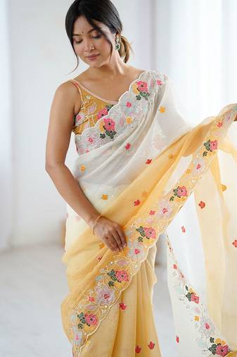 Mustard floral embroidered sequinned detail  chiffon saree