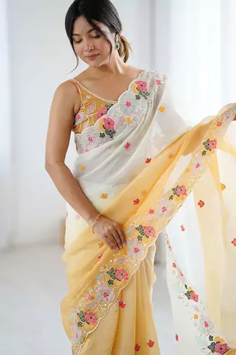 Mustard floral embroidered sequinned detail  chiffon saree