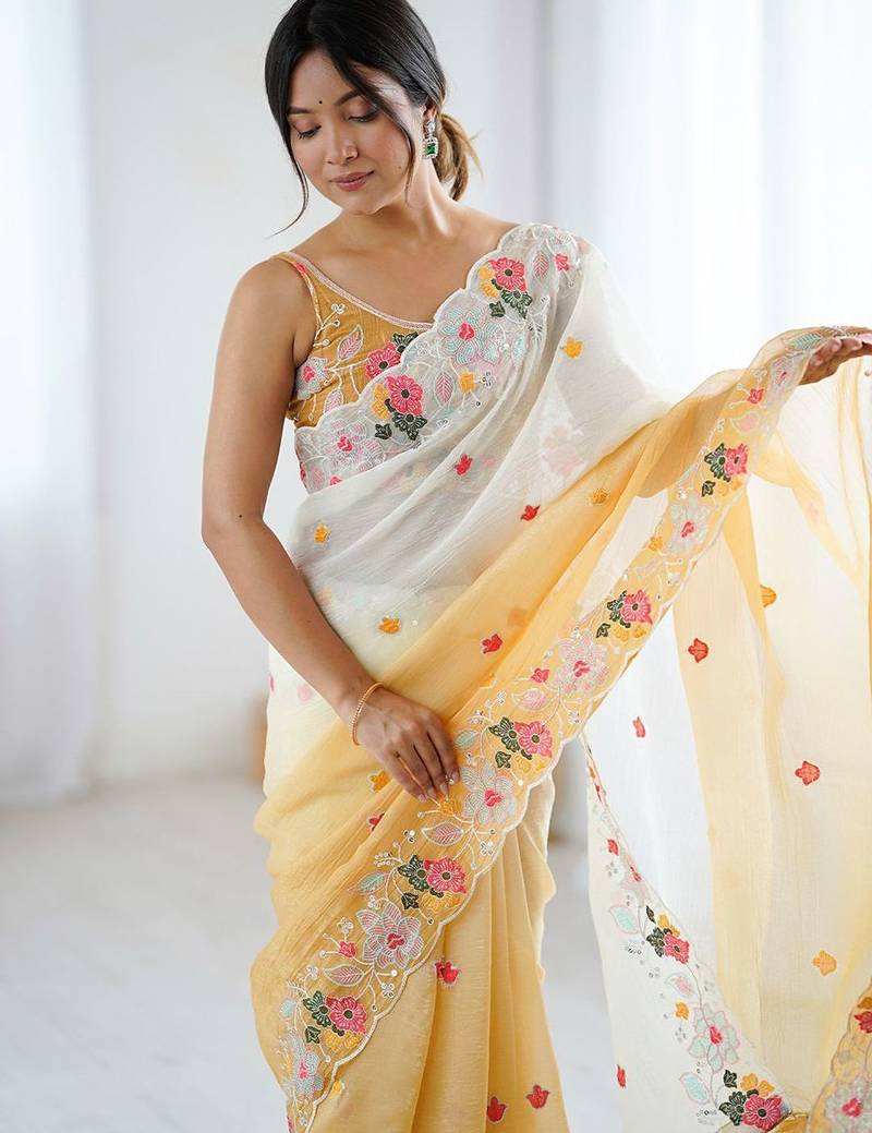 Mustard floral embroidered sequinned detail  chiffon saree