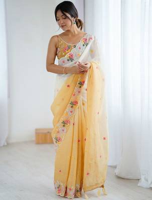 Mustard floral embroidered sequinned detail  chiffon saree 2