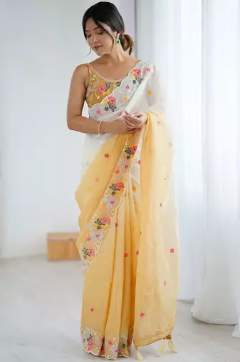 Mustard floral embroidered sequinned detail  chiffon saree