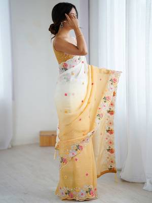 Mustard floral embroidered sequinned detail  chiffon saree 3