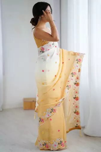 Mustard floral embroidered sequinned detail  chiffon saree