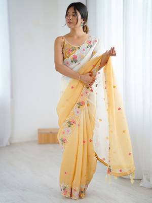 Mustard floral embroidered sequinned detail  chiffon saree 4