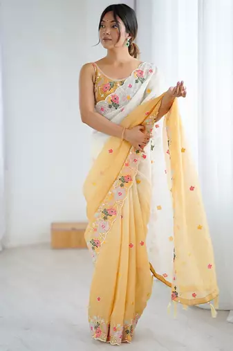 Mustard floral embroidered sequinned detail  chiffon saree