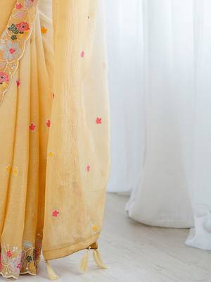 Mustard floral embroidered sequinned detail  chiffon saree 5