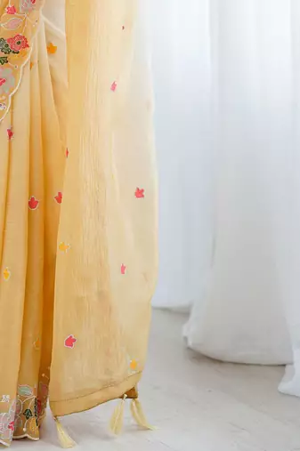 Mustard floral embroidered sequinned detail  chiffon saree