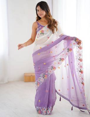 Purple embellished sequinned  chiffon saree 2