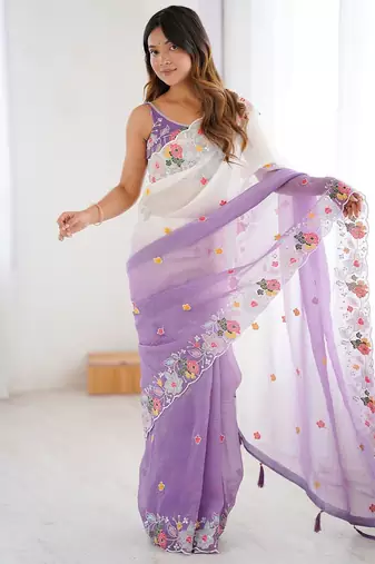 Purple embellished sequinned  chiffon saree