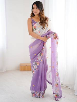 Purple embellished sequinned  chiffon saree 3