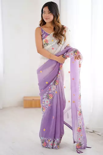 Purple embellished sequinned  chiffon saree