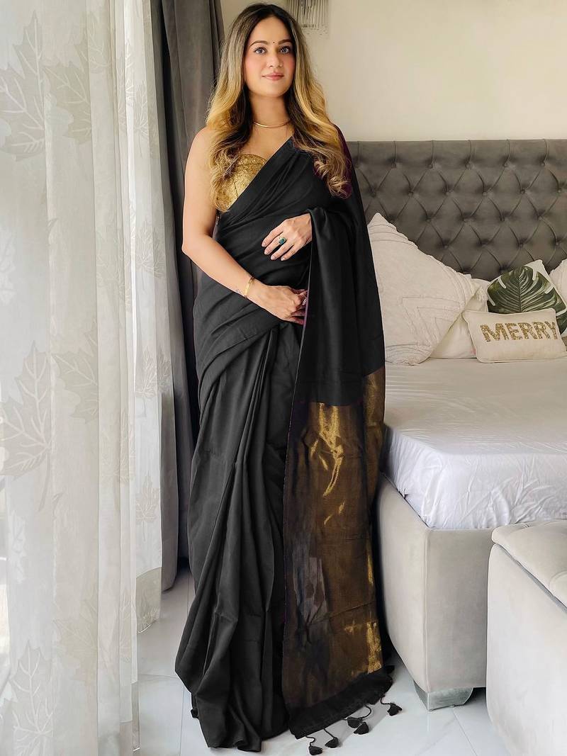 Black  cotton handloom khadi saree