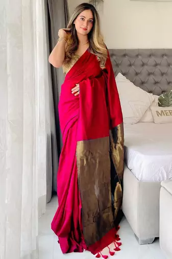 Red  cotton saree with unstitched blouse piece