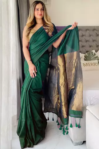 Green woven design zari  cotton handloom khadi saree