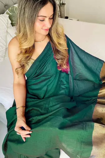Green woven design zari  cotton handloom khadi saree
