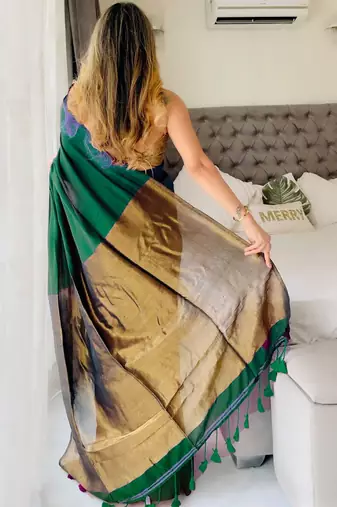 Green woven design zari  cotton handloom khadi saree