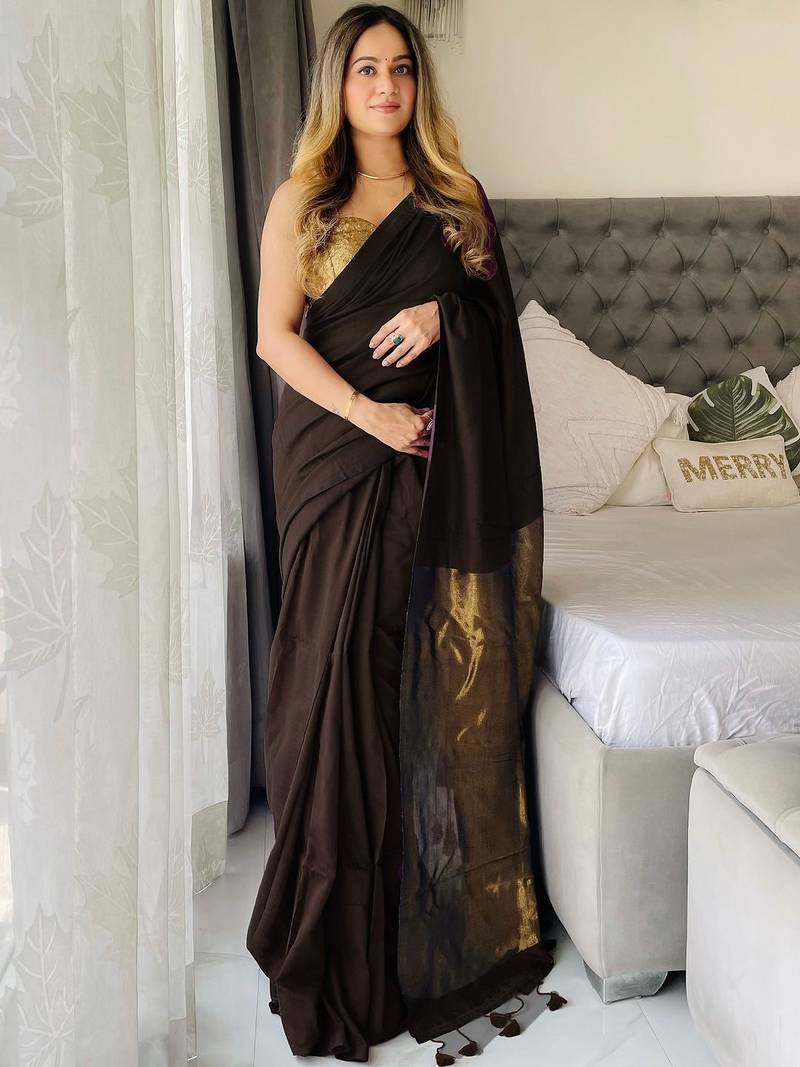 Brown woven design zari work  cotton khadi saree with unstitched blouse piece