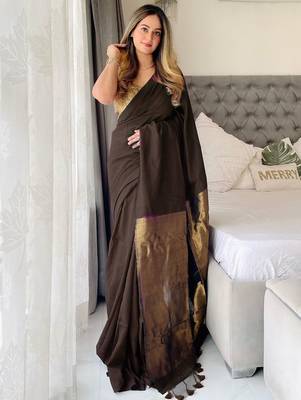 Brown woven design zari work  cotton khadi saree with unstitched blouse piece 3