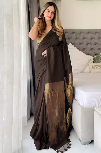 Brown woven design zari work  cotton khadi saree with unstitched blouse piece