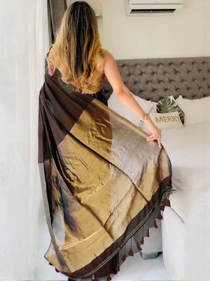 Brown woven design zari work  cotton khadi saree with unstitched blouse piece 4