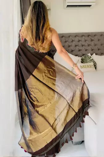 Brown woven design zari work  cotton khadi saree with unstitched blouse piece