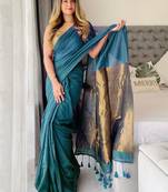Teal woven design zari  cotton handloom khadi saree